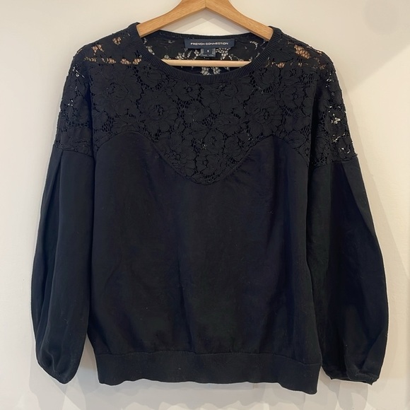 French Connection Lassia Cupro Lace Yoke Top Knit Sweater Black Small S - Picture 5 of 6